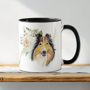 Witte Rose Boeket Collie Dog Mok
