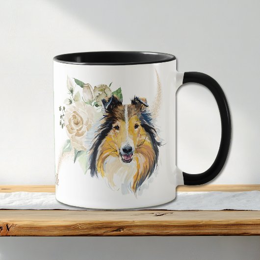 Witte Rose Boeket Collie Dog Mok
