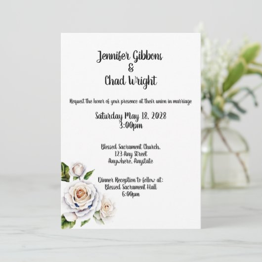 Witte Rose bruiloft uitnodiging, 5x7" Kaart (Staand voorkant)
