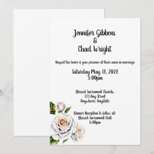 Witte Rose bruiloft uitnodiging, 5x7" Kaart (Voorkant / Achterkant)