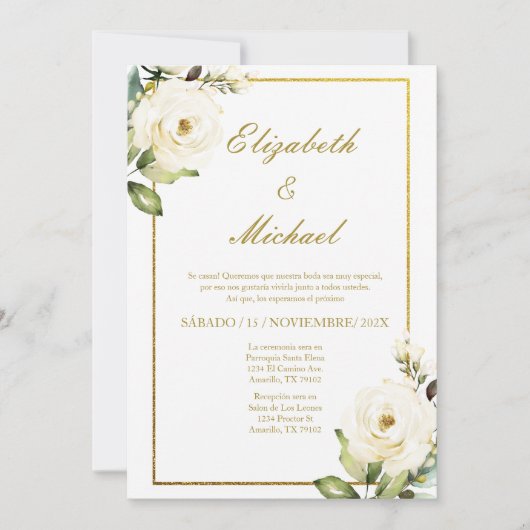 Witte Rose Elegante bruiloft uitnodiging in het Sp (Voorkant)