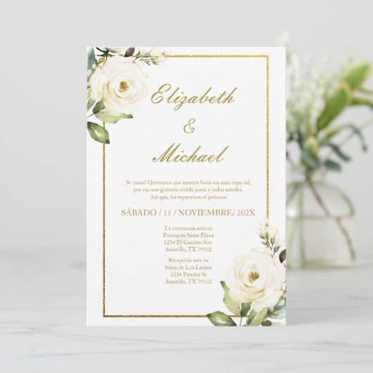 Witte Rose Elegante bruiloft uitnodiging in het Sp (Staand voorkant)