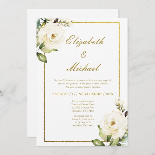Witte Rose Elegante bruiloft uitnodiging in het Sp (Voorkant / Achterkant)