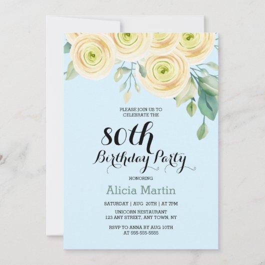 Witte Rose Flora Eucalyptus Blauw 80ste verjaardag Kaart (Voorkant)