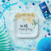 Witte Rose Flora Eucalyptus Blauw 80ste verjaardag Papieren Bordje (Feest)