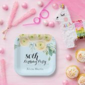 Witte Rose Flora Eucalyptus Blauw 80ste verjaardag Papieren Bordje (Feest)