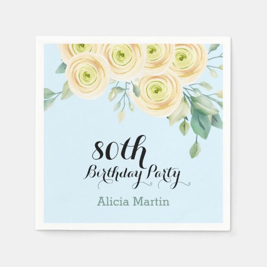 Witte Rose Flora Eucalyptus Blauw 80ste verjaardag Servet (Voorkant)