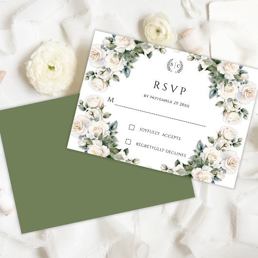 Witte Rose Garland Monogram Bruiloft RSVP Kaartje