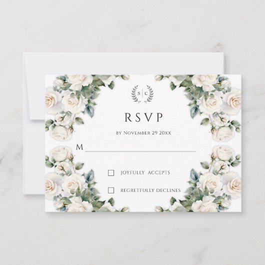 Witte Rose Garland Monogram Bruiloft RSVP Kaartje (Voorkant)