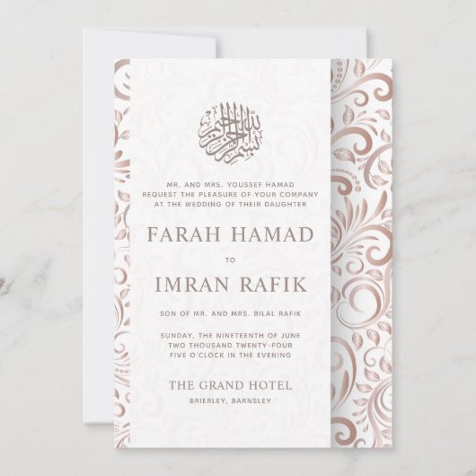 Witte Rose Gold  Patroon Islamitische bruiloft Kaart (Voorkant)
