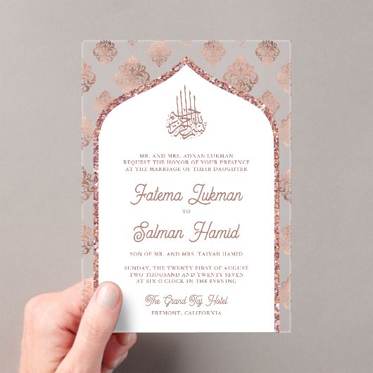 Witte Rose Goud Damast Arch Moslim Bruiloft Acryl Uitnodigingen (Insitu (Draagbaar))