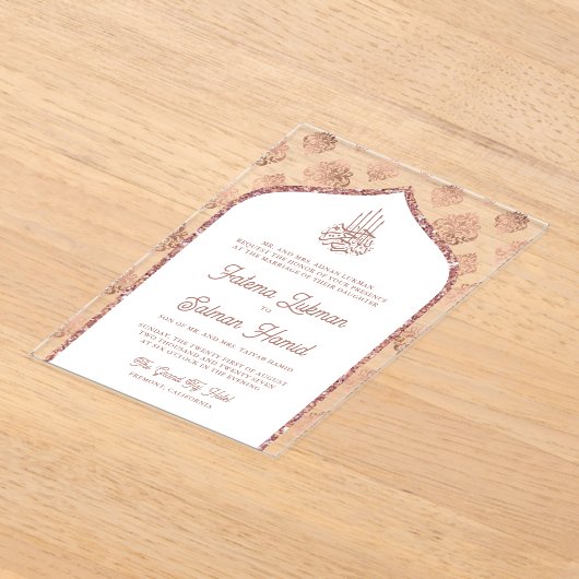 Witte Rose Goud Damast Arch Moslim Bruiloft Acryl Uitnodigingen (Laagn)