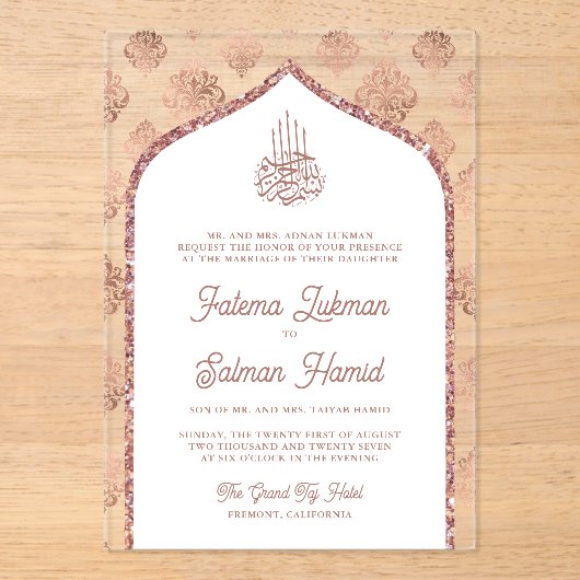 Witte Rose Goud Damast Arch Moslim Bruiloft Acryl Uitnodigingen (Voorkant)