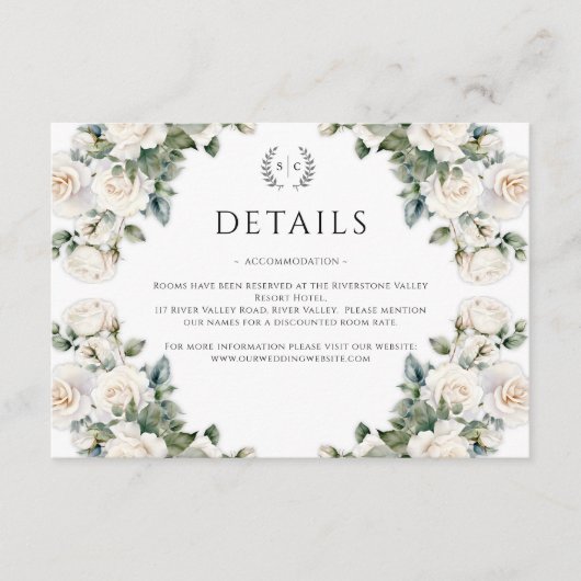 Witte Rose kransen Groene bruiloft Details Informatiekaartje (Voorkant)