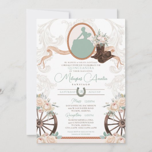 Witte Rose Mint Groene Charro Westerne Quinceanera Kaart (Voorkant)