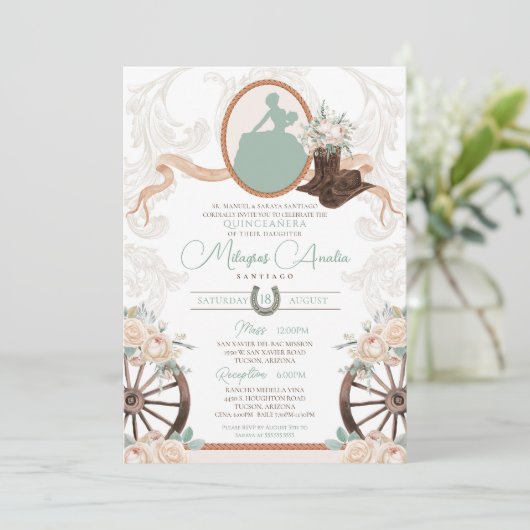 Witte Rose Mint Groene Charro Westerne Quinceanera Kaart (Staand voorkant)