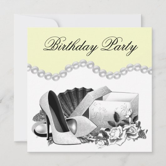 Witte Rose Parels Hoge Hakken Geel Verjaardagsfees Kaart (Voorkant)