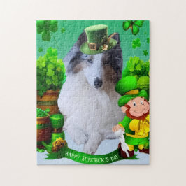 Witte Rough Collie viert St. Patrick's Day Legpuzzel