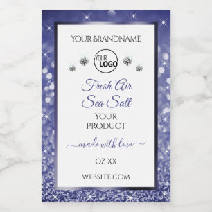 Witte Royal Blau Glitter Product Label Logo Juwele Voedselcontainer Etiket