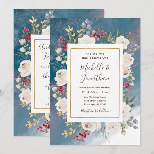 Witte roze bessen op een Christelijke blauwe bruil Kaart (Voorkant / Achterkant)