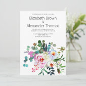 Witte roze blauwgroen groene pioen bloemenboho bru kaart (Staand voorkant)