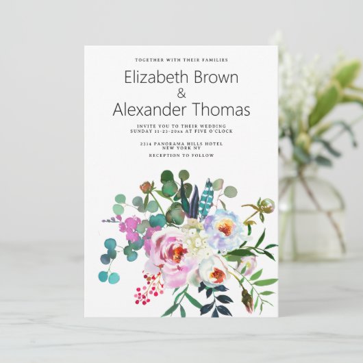 Witte roze blauwgroen groene pioen bloemenboho bru kaart (Staand voorkant)