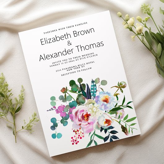 Witte roze blauwgroen groene pioen bloemenboho bru kaart