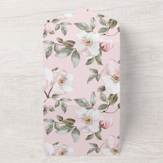  witte roze bloemen bruiloft all in one uitnodiging (Buitenkant)