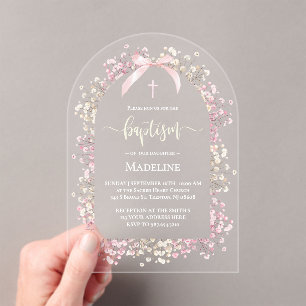 witte roze bloemen Doop Acryl Uitnodigingen