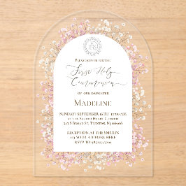 witte roze bloemen Eerste Heilige Communie Acryl Uitnodigingen