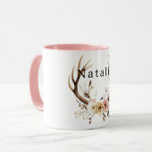 Witte Roze Bloemen Hertengewei Gepersonaliseerd Mok (Voorkant links)