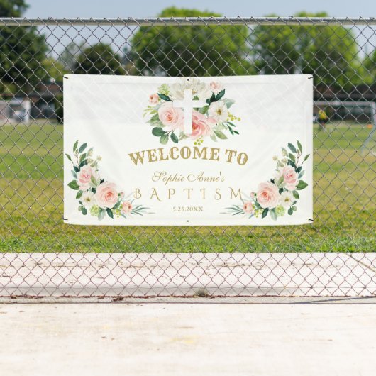 Witte Roze Bloemen Meisje Doop Kruis Welkomstbord Spandoek (Insitu)
