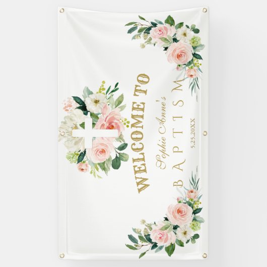 Witte Roze Bloemen Meisje Doop Kruis Welkomstbord Spandoek (Verticaal)