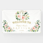 Witte Roze Bloemen Meisje Doop Kruis Welkomstbord Spandoek (Horizontaal)