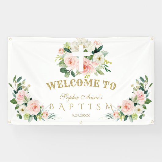 Witte Roze Bloemen Meisje Doop Kruis Welkomstbord Spandoek (Horizontaal)