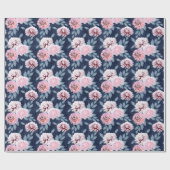 Witte, roze bloemen op donkerblauw. cadeaupapier (Vlak)