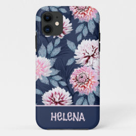 Witte, roze bloemen op donkerblauw. Case-Mate iPhone case