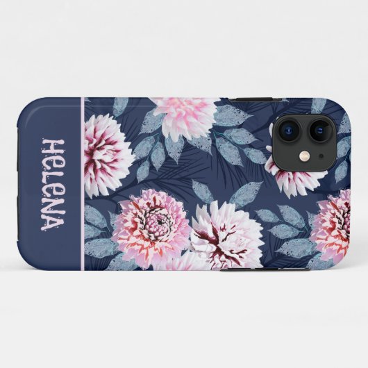 Witte, roze bloemen op donkerblauw. Case-Mate iPhone case (Achterkant (horizontaal))