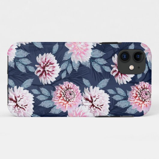 Witte, roze bloemen op donkerblauw. Case-Mate iPhone case (Achterkant (horizontaal))