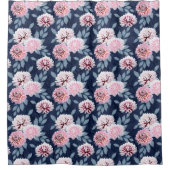 Witte, roze bloemen op donkerblauw. douchegordijn (Voorkant)