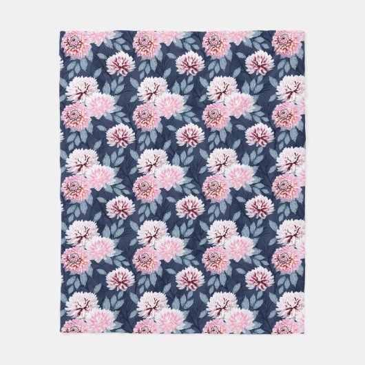 Witte, roze bloemen op donkerblauw. fleece deken (Voorkant)