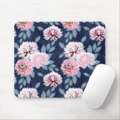 Witte, roze bloemen op donkerblauw. muismat (Met muis)