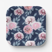 Witte, roze bloemen op donkerblauw. papieren bordje (Voorkant)