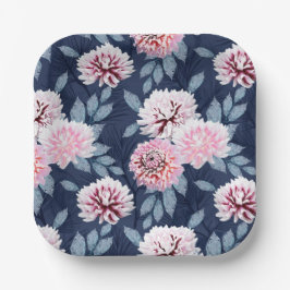 Witte, roze bloemen op donkerblauw. papieren bordje