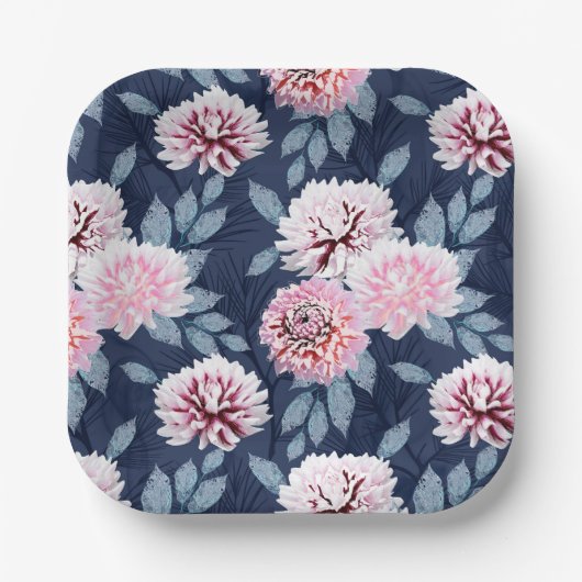 Witte, roze bloemen op donkerblauw. papieren bordje (Voorkant)