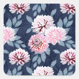 Witte, roze bloemen op donkerblauw. vierkante sticker