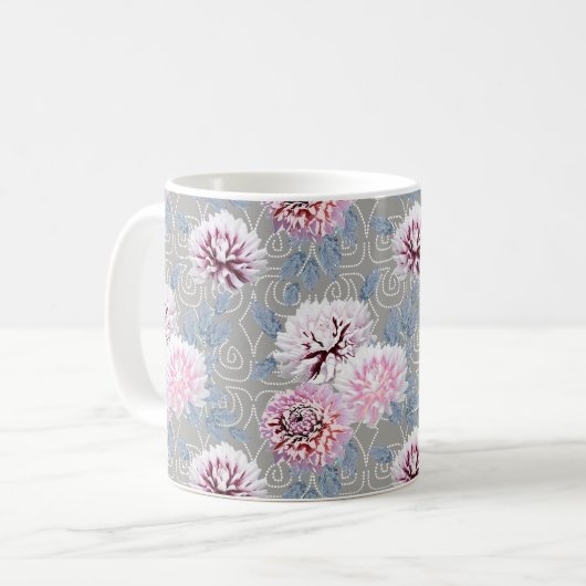 Witte, roze bloemen op grijs. koffiemok (Voorkant links)