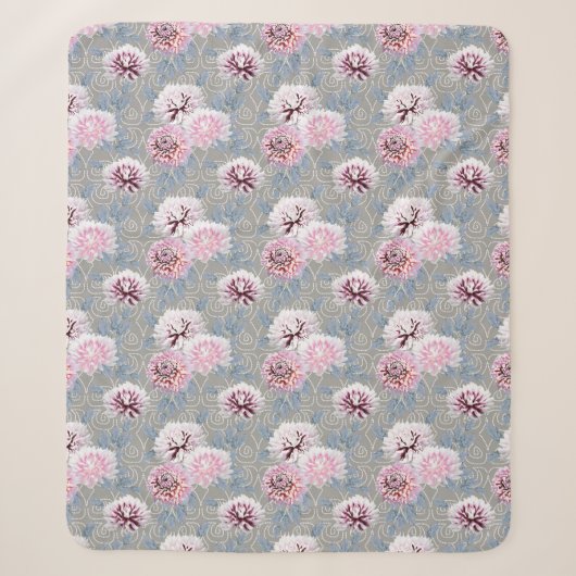 Witte, roze bloemen op grijs. sherpa deken (Voorkant)