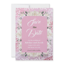 Witte & roze bloemen & stencils SAVE THE DATE kaar