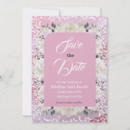 Witte & roze bloemen & stencils SAVE THE DATE kaar Kaart